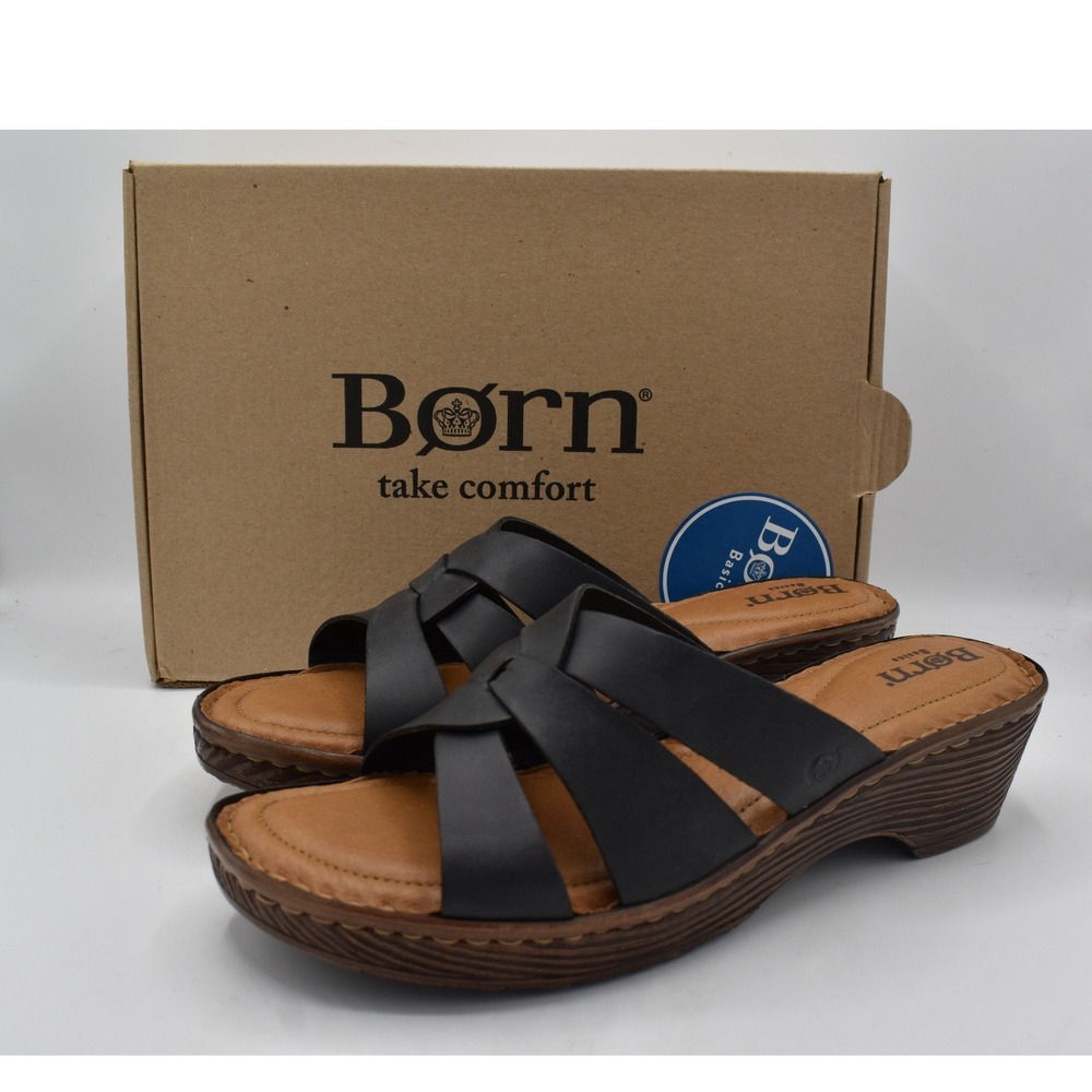 Born Women Size 11 Rosario Black Leather Platform Faux Wood Comfort Sandal Shoes